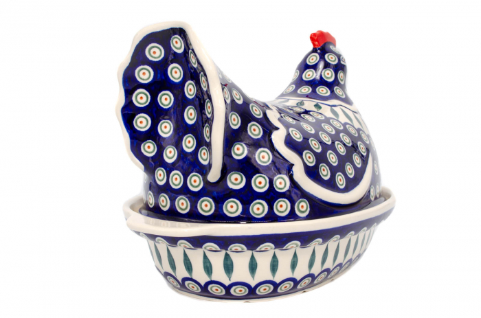 Vas cu capac pentru cuptor in forma de "gaina" Peacock Tear Drops, ceramica smaltuita, pictat manual [3]