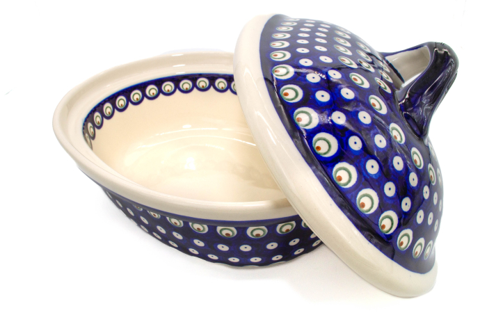 Vas cuptor, oval, capac, Blue Peacock Eyes, ceramica smaltuita, pictata manual, 25,5 x 31,8 cm, volum 2,2 L [10]