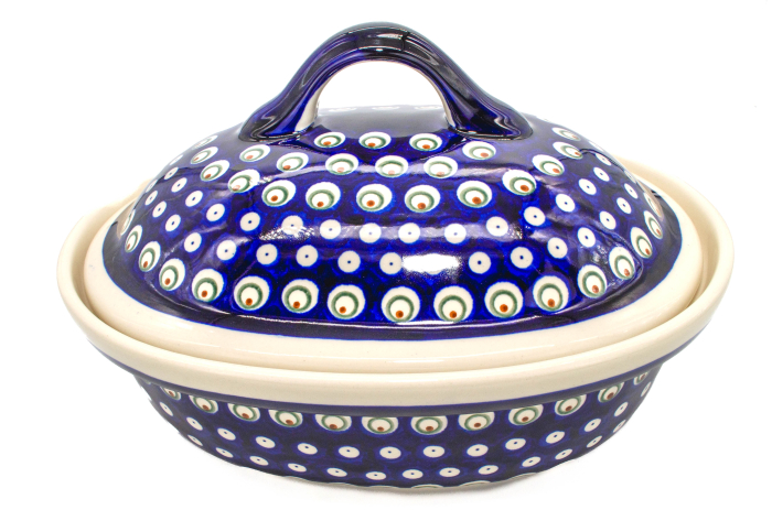 Vas cuptor, oval, capac, Blue Peacock Eyes, ceramica smaltuita, pictata manual, 25,5 x 31,8 cm, volum 2,2 L [7]