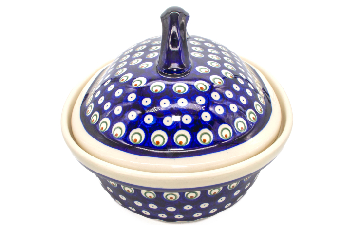 Vas cuptor, oval, capac, Blue Peacock Eyes, ceramica smaltuita, pictata manual, 25,5 x 31,8 cm, volum 2,2 L [9]