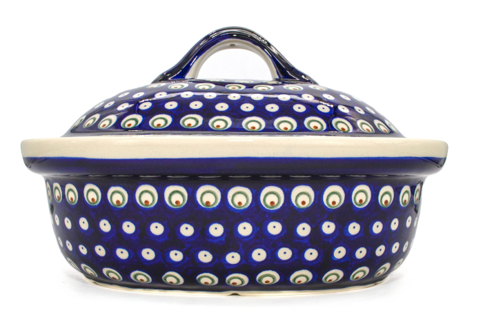 Vas cuptor, oval, capac, Blue Peacock Eyes, ceramica smaltuita, pictata manual, 25,5 x 31,8 cm, volum 2,2 L [2]