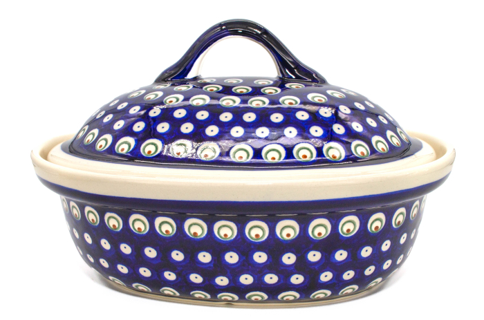 Vas cuptor, oval, capac, Blue Peacock Eyes, ceramica smaltuita, pictata manual, 25,5 x 31,8 cm, volum 2,2 L [6]