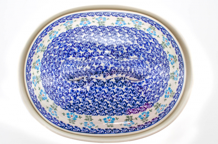 Vas cuptor oval capac, Forget-me-nots, ceramica smaltuita, pictata manual, 25,5 x 31,8 cm, volum 2,2 L [6]