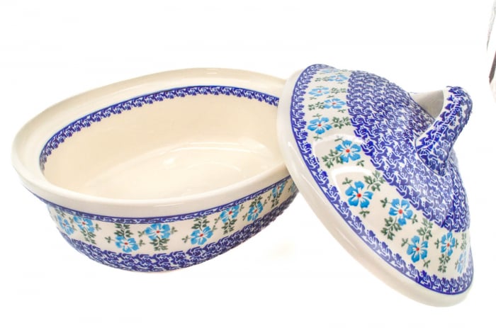 Vas cuptor oval capac, Forget-me-nots, ceramica smaltuita, pictata manual, 25,5 x 31,8 cm, volum 2,2 L [5]