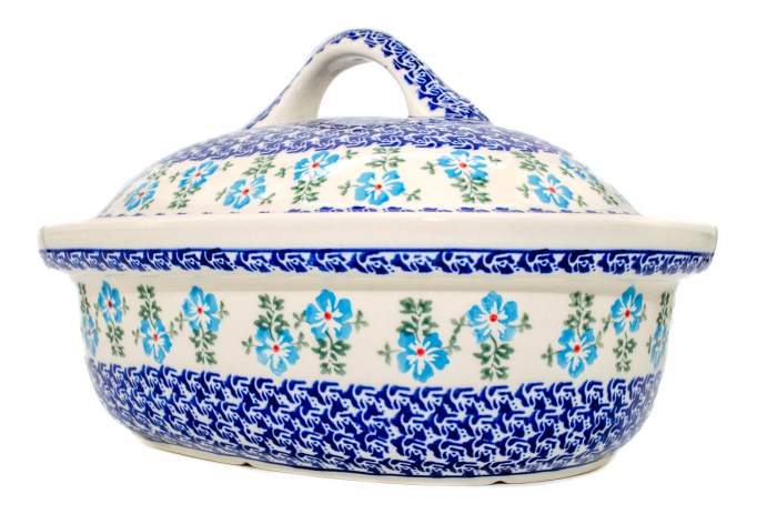 Vas cuptor oval capac, Forget-me-nots, ceramica smaltuita, pictata manual, 25,5 x 31,8 cm, volum 2,2 L [3]