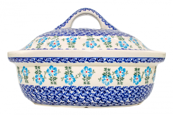 Vas cuptor oval capac, Forget-me-nots, ceramica smaltuita, pictata manual, 25,5 x 31,8 cm, volum 2,2 L [2]