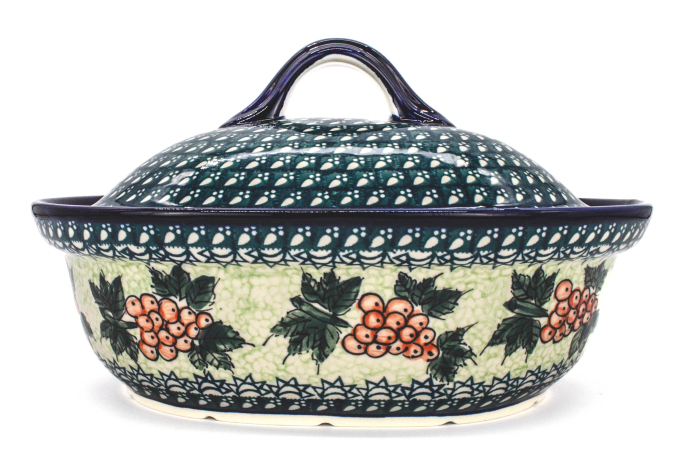 Vas cuptor, oval, capac, Grape Vine, ceramica smaltuita, pictata manual, 21,5 x 26,0 cm, volum 1,2 L [4]