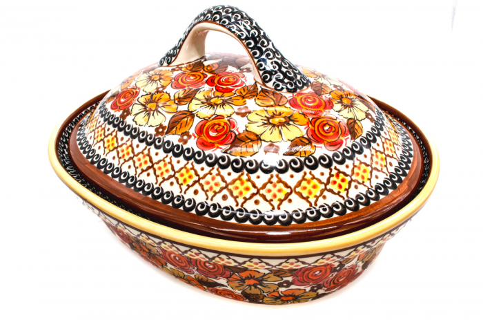 Vas cuptor oval capac Autumn, ceramica smaltuita, pictata manual, 25,5 x 31,8 cm, volum 2,2 L [5]