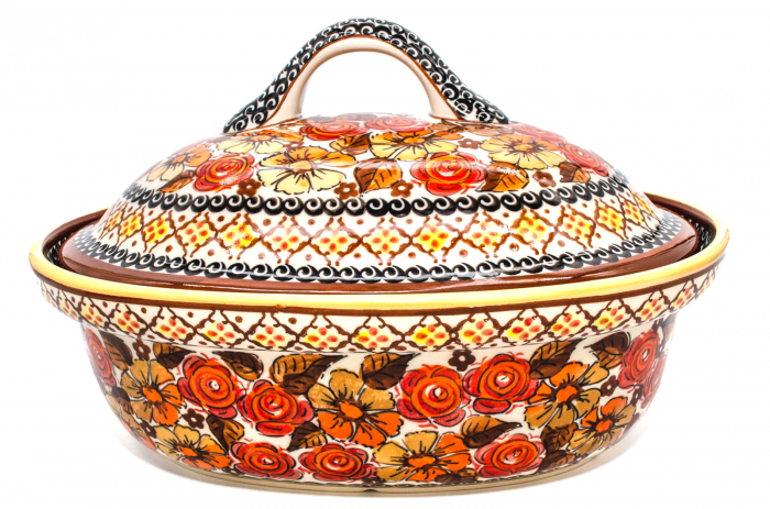 Vas cuptor oval capac Autumn, ceramica smaltuita, pictata manual, 25,5 x 31,8 cm, volum 2,2 L [4]