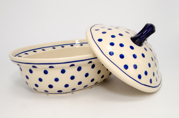 Vas cuptor Blue Dots, oval, cu capac, ceramica smaltuita, pictata manual, 21,5 x 26,0 cm, volum 1,2 L [5]