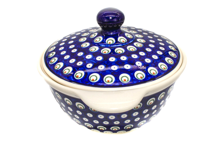 Vas cuptor, rotund, cu capac, Blue Peacock Eyes, ceramica smaltuita, pictat manual, diametru 30,4 cm, volum 2,1 L [8]