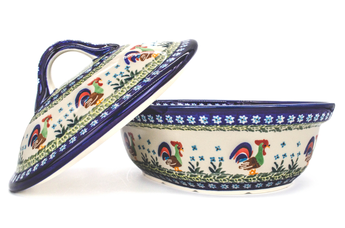 Vas cuptor Vintage Rooster, oval, cu capac , ceramica smaltuita, pictat manual, 21,5 x 26,0 cm, volum  1,2 L [2]