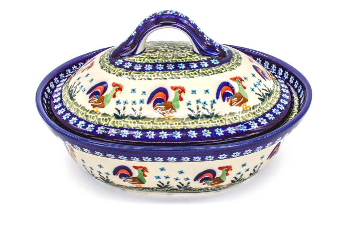 Vas cuptor Vintage Rooster, oval, cu capac , ceramica smaltuita, pictat manual, 21,5 x 26,0 cm, volum  1,2 L [1]
