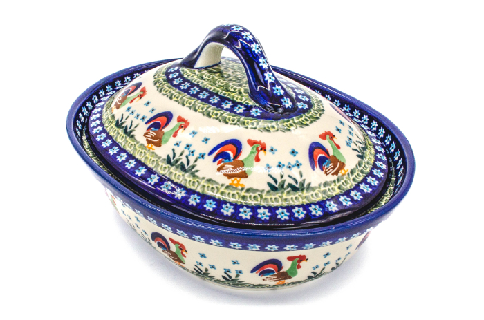 Vas cuptor Vintage Rooster, oval, cu capac , ceramica smaltuita, pictat manual, 21,5 x 26,0 cm, volum  1,2 L [4]