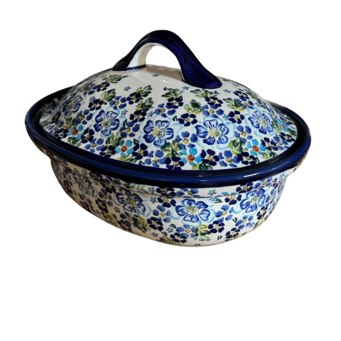 Vas oval cu capac pentru cuptor Blue Garden, ceramica smaltuita, pictat manual, 25,5 x 31,8, volum  2,2 L [5]