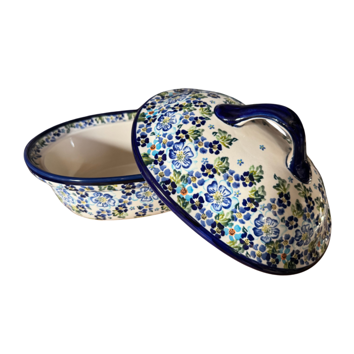 Vas oval cu capac pentru cuptor Blue Garden, ceramica smaltuita, pictat manual, 25,5 x 31,8, volum  2,2 L [8]