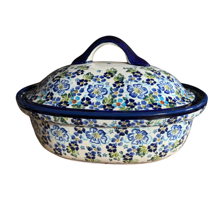 Vas oval cu capac pentru cuptor Blue Garden, ceramica smaltuita, pictat manual, 25,5 x 31,8, volum  2,2 L [2]