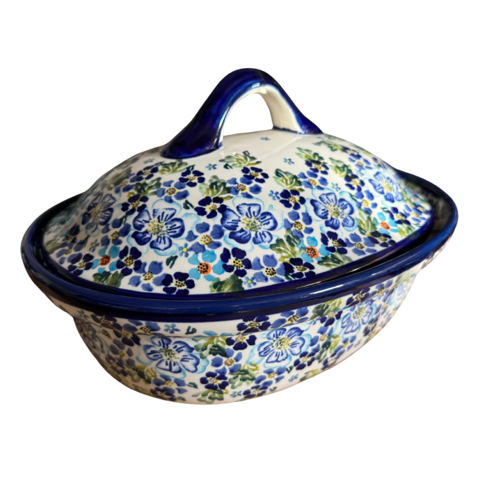 Vas oval cu capac pentru cuptor Blue Garden, ceramica smaltuita, pictat manual, 25,5 x 31,8, volum  2,2 L [7]
