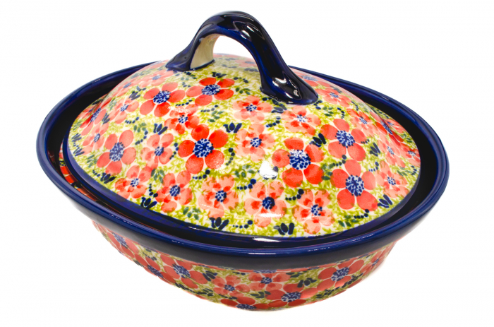 Vas oval cu capac pentru cuptor Fire Poppies, ceramica smaltuita, pictat manual, 21,5 x 26,0 cm, volum  1,2 L [2]