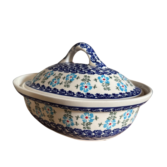 Vas oval cu capac pentru cuptor Forget-me-nots, ceramica smaltuita, pictat manual, 21,5 x 26,0 cm, volum  1,2 L [7]
