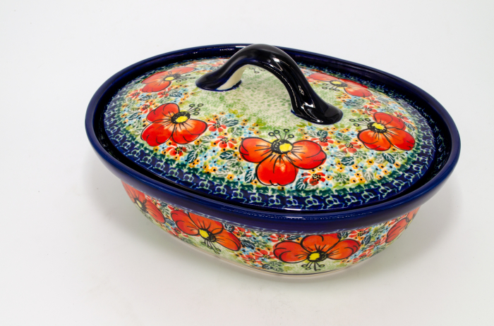 Vas oval cu capac pentru cuptor Poppies Bouquet, ceramica smaltuita, pictat manual, 22,0 x 26,0 cm, volum  1,2 L [4]