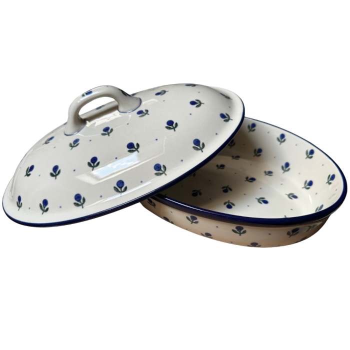 Vas oval cuptor cu capac si manere, Blue Spring, ceramica smaltuita, pictata manual [5]