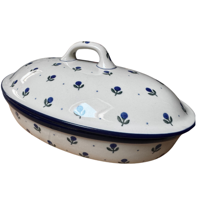 Vas oval cuptor cu capac si manere, Blue Spring, ceramica smaltuita, pictata manual [3]