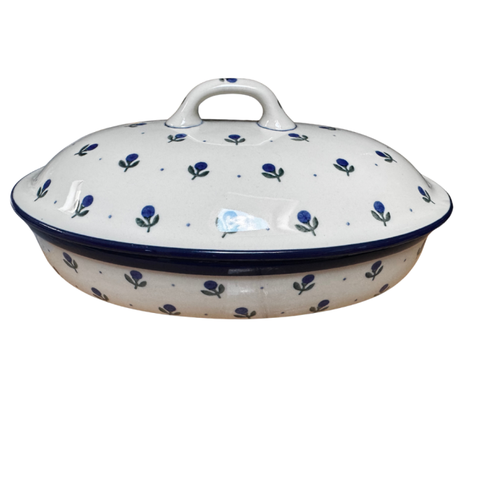 Vas oval cuptor cu capac si manere, Blue Spring, ceramica smaltuita, pictata manual [2]