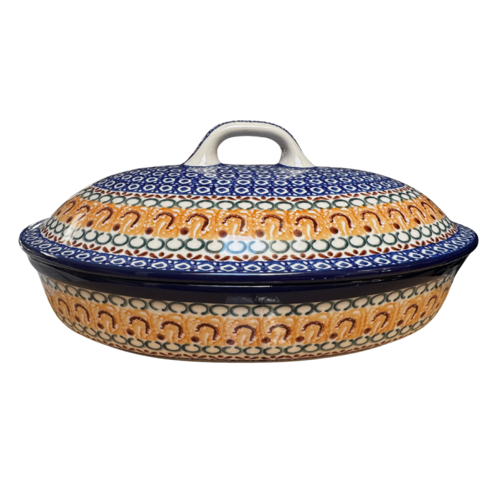 Vas oval cuptor cu capac, Morning Sunrise, ceramica smaltuita, pictat manual [3]