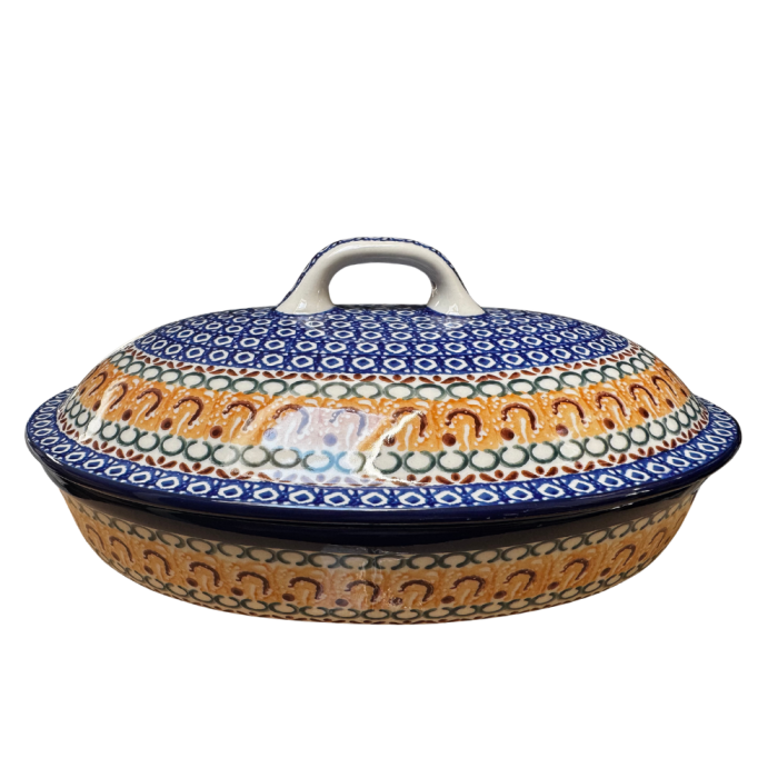 Vas oval cuptor cu capac, Morning Sunrise, ceramica smaltuita, pictat manual [2]
