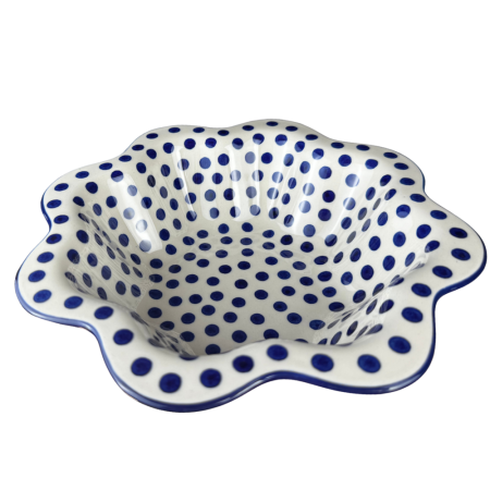 Colectia Blue Dots - Bol pentru salata cu margini ondulate, Blue Dots, ceramica smaltuita, pictat manual, diametru 25 cm