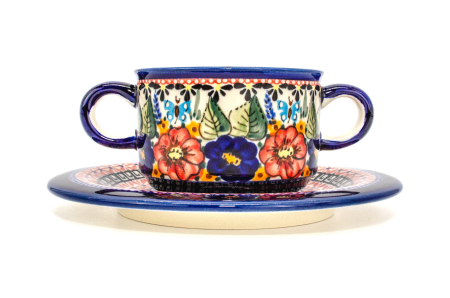 Bol supa cu maner si farfurie, Poppy Fountain, ceramica smaltuita, pictat manual, diametru 15,4 cm, volum 260 ml [0]