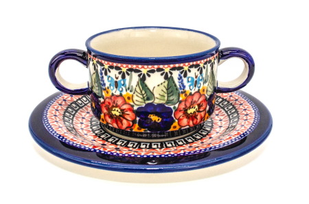 Bol supa cu maner si farfurie, Poppy Fountain, ceramica smaltuita, pictat manual, diametru 15,4 cm, volum 260 ml [2]