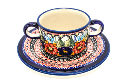 Bol supa cu maner si farfurie, Poppy Fountain, ceramica smaltuita, pictat manual, diametru 15,4 cm, volum 260 ml [1]