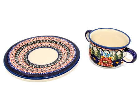 Bol supa cu maner si farfurie, Poppy Fountain, ceramica smaltuita, pictat manual, diametru 15,4 cm, volum 260 ml [3]