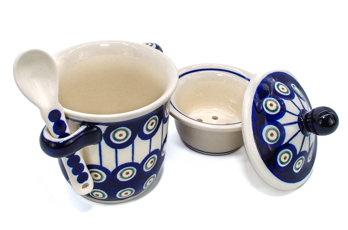 Cana cu infuzor pentru ceai, cu capac, ceramica smaltuita Peacock Eyes , pictata manual, 270 ml [3]