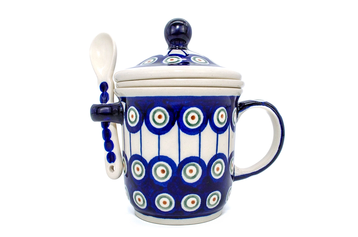 Colectia Peacock Eyes - Cana cu infuzor pentru ceai, cu capac, ceramica smaltuita Peacock Eyes , pictata manual, 270 ml