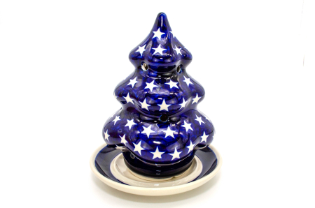 Colectiile Seasons - Candela ceramica bradut cu farfurie Stars, ceramica smaltuita, pictata manual, 16,2 x 12,0 cm