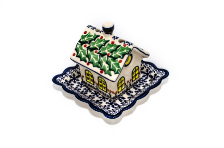 Candela ceramica casuta cu farfurie, Snowflake Leaves, ceramica smaltuita, pictata manual, 11,0 x 8,8 x 13,8 cm [0]