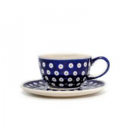 Colectia Blue Eyes - Ceasca cafea cu farfurie Blue Eyes, ceramica smaltuita, pictata manual, 210 ml