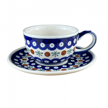 Colectia Blue Eyes Festive - Ceasca cafea cu farfurie Blue Eyes Festive, ceramica smaltuita, pictata manual, 210 ml