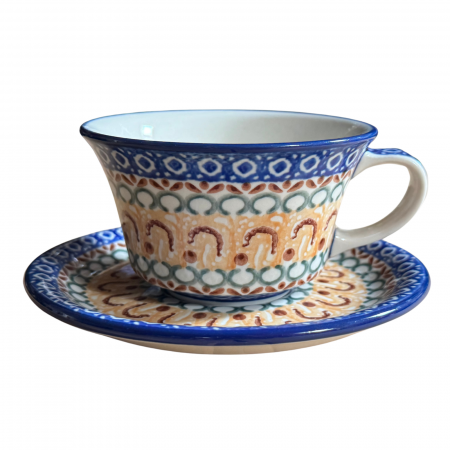 Cesti ceramica - Ceasca cafea cu farfurie Morning Sunrise, ceramica smaltuita, pictata manual, 220 ml