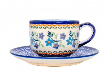 Cesti ceramica - Ceasca pentru cafea cu farfurie Basket of Blue, ceramica smaltuita, pictata manual, 210 ml