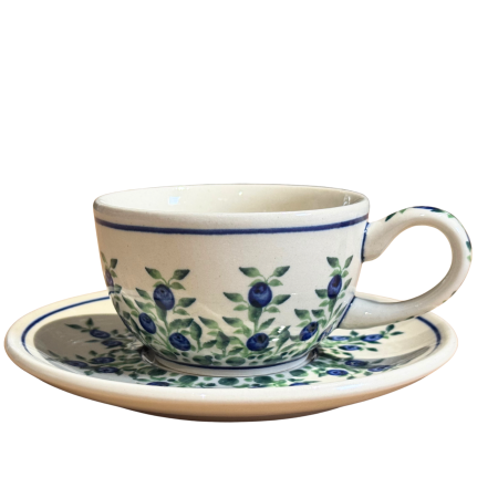 Cesti ceramica - Ceasca pentru cafea cu farfurie Berries, ceramica smaltuita, pictata manual, 210 ml