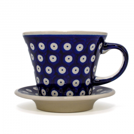 Cesti ceramica - Ceasca pentru cafea cu farfurie Blue Eyes, ceramica smaltuita, pictata manual, 240 ml