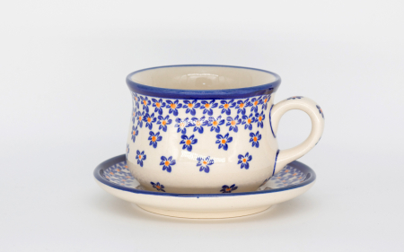 Ceasca pentru cafea cu farfurie Blue Field, ceramica smaltuita, pictata manual, 200 ml [0]