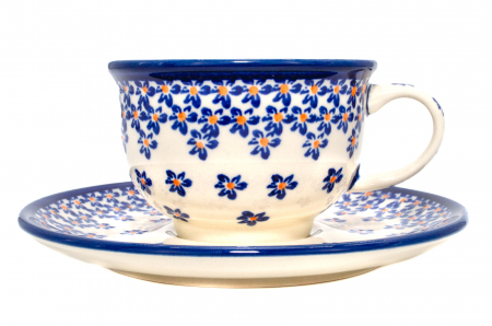 Colectia Blue Field - Ceasca pentru cafea cu farfurie Blue Field, ceramica smaltuita, pictata manual, 220 ml