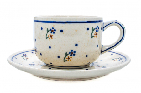 Cesti ceramica - Ceasca pentru cafea cu farfurie Little Flowers, ceramica smaltuita, pictata manual, 210 ml