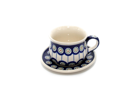 Ceasca pentru cafea cu farfurie Peacock Eyes, ceramica smaltuita, pictata manual, 200 ml [1]