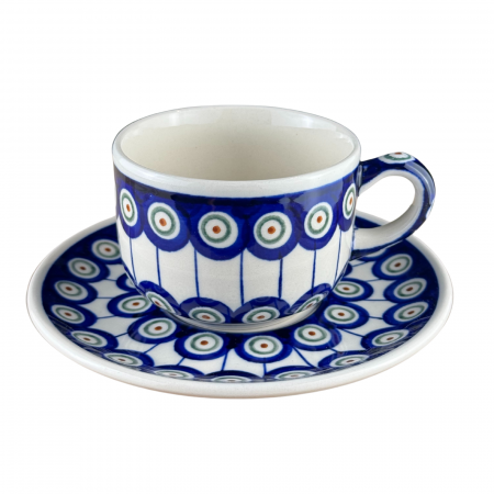 Ceasca pentru cafea cu farfurie Peacock-Eyes, ceramica smaltuita, pictata manual, 210 ml [3]